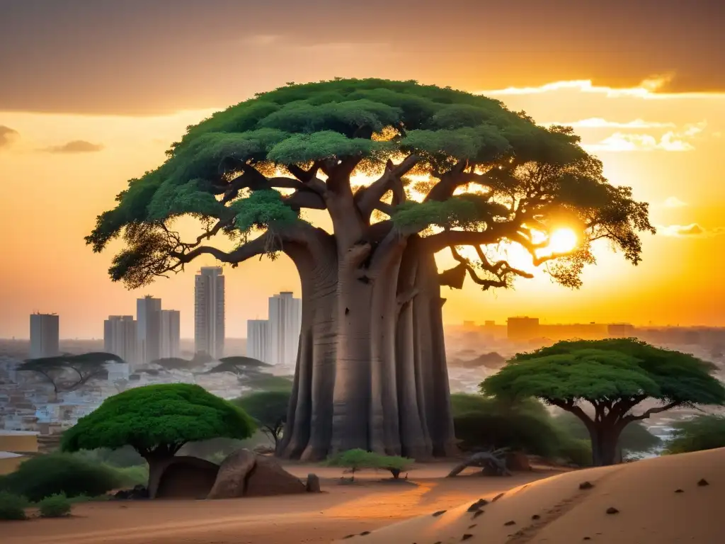 El legendario baobab llorón de Dakar se alza majestuoso en el vibrante horizonte, bañado por la cálida luz dorada del atardecer