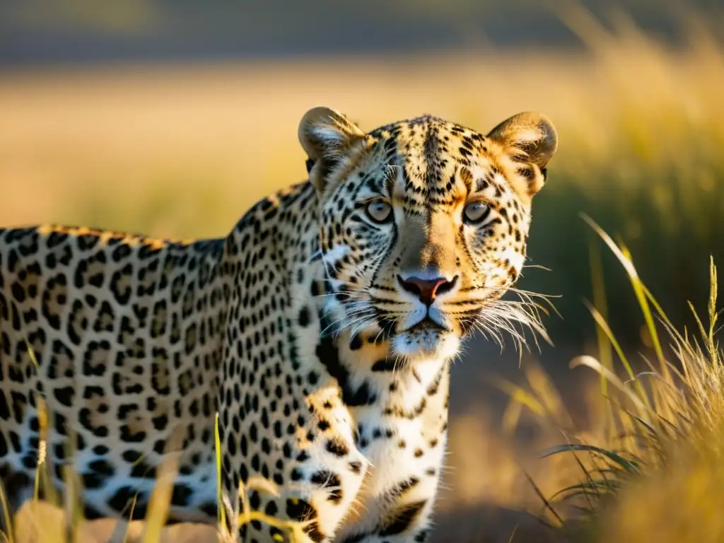 Un leopardo majestuoso camuflado en la sabana dorada, con intensa mirada fija en su presa