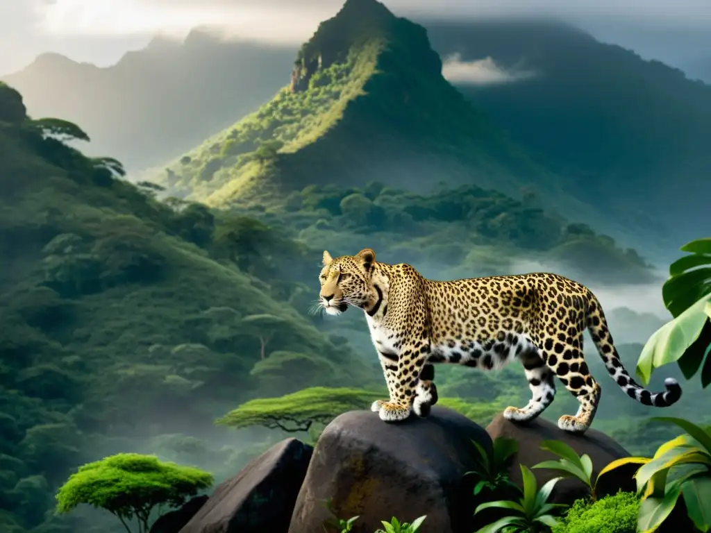 El Leopardo de la Montaña Uluguru se camufla entre la densa niebla, evocando misterio y fascinación en las imponentes montañas