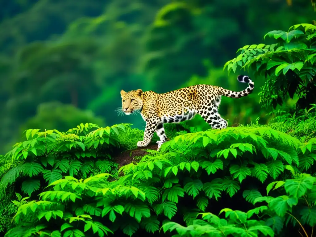 El Leopardo de la Montaña Uluguru se camufla entre la exuberante vegetación, creando una atmósfera mística y cautivadora