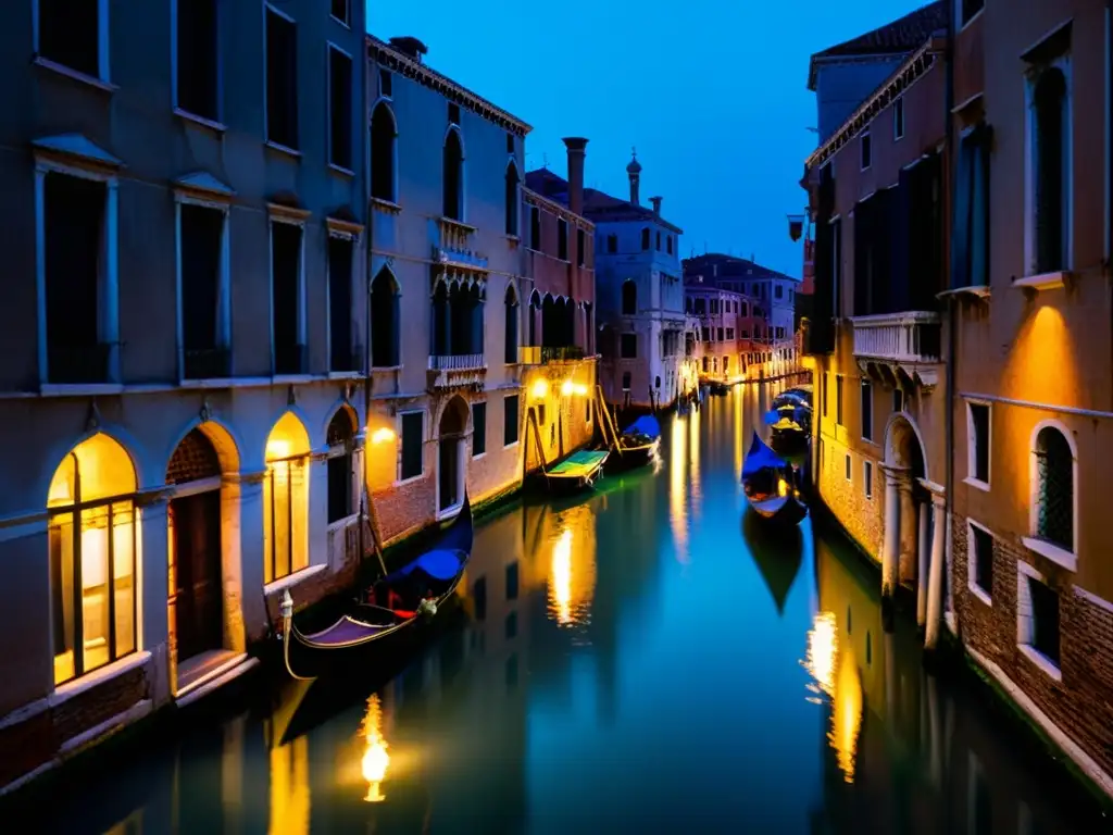 Una leyenda amorosa se despliega en los misteriosos canales de Venecia, donde la luna ilumina antiguos edificios y góndolas silenciosas