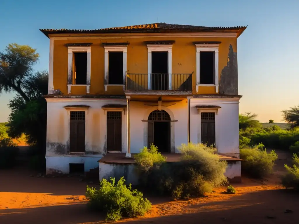 La leyenda de la casa encantada en BoboDioulasso: fachada deteriorada, vegetación abundante y sombras ominosas al atardecer
