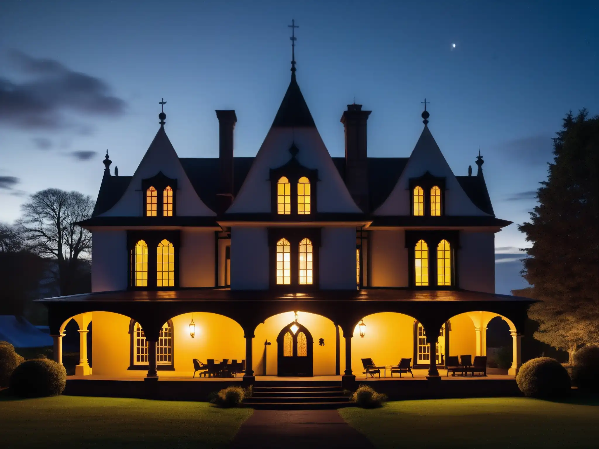 La leyenda figura negra de Victoria's Black Swan Inn se manifiesta en la oscuridad de la noche, con su arquitectura gótica iluminada por una solitaria luz en la ventana, mientras una misteriosa figura se vislumbra en primer plano