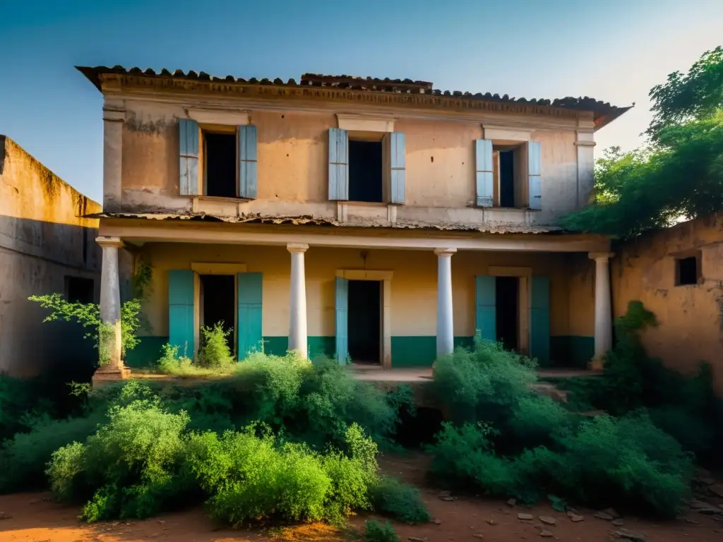 La leyenda de la casa encantada: Fotografía impactante de una casa abandonada en BoboDioulasso, con muros derruidos y vegetación descontrolada