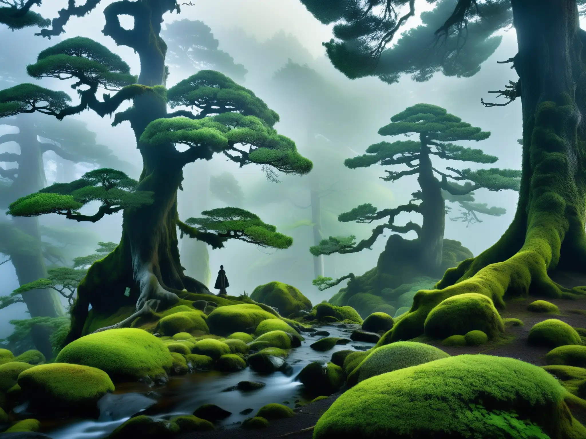 Una leyenda japonesa lamento eterno: un bosque antiguo envuelto en niebla al atardecer, con árboles retorcidos y musgosos entre la bruma