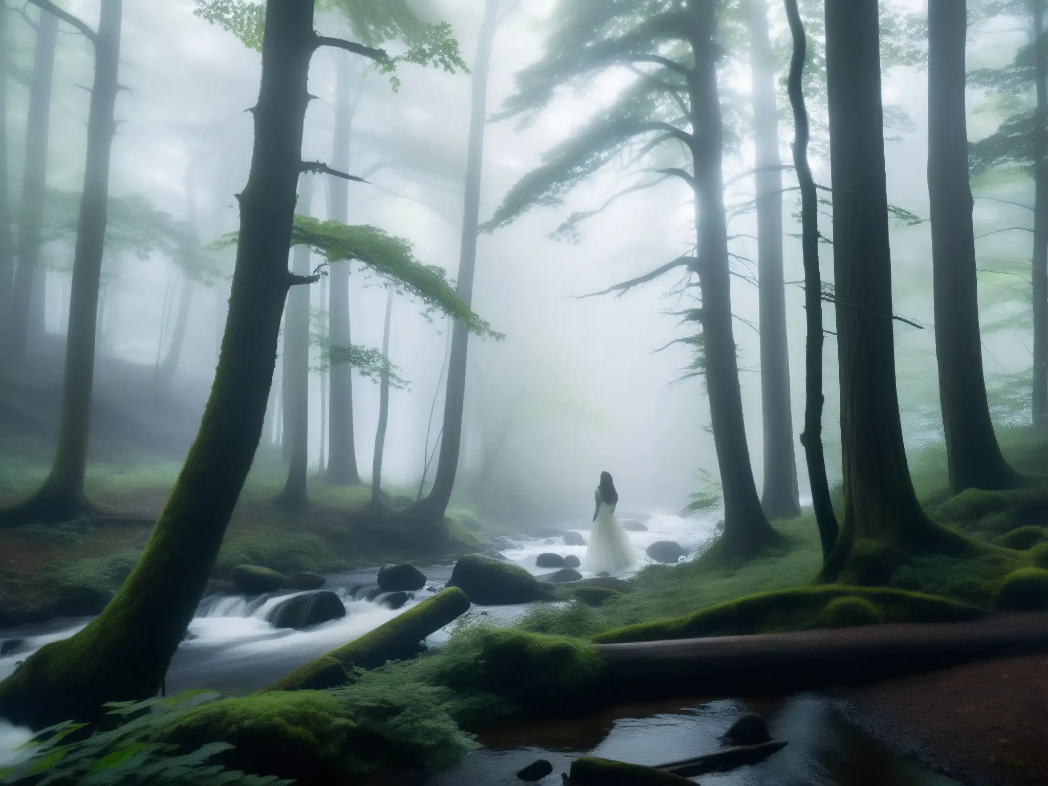 La leyenda de la mujer blanca Appalachia en el bosque brumoso con árboles imponentes y una figura etérea junto al arroyo