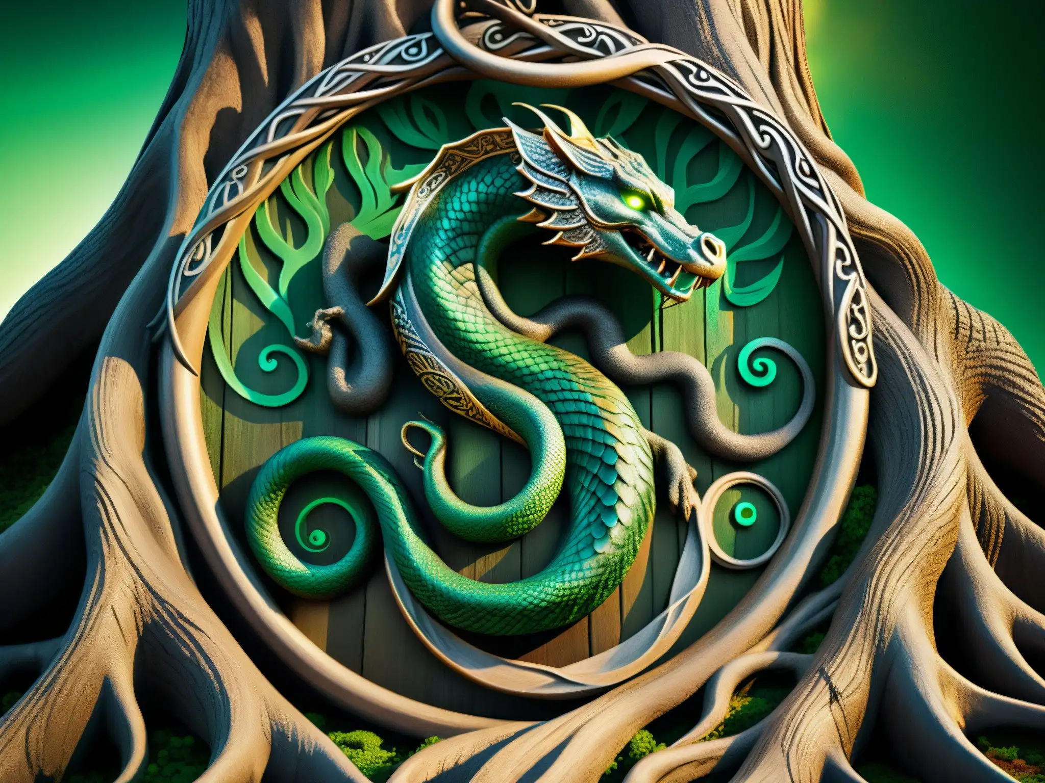 La leyenda de la Serpiente de Midgard: Jörmungandr, la serpiente, enroscada alrededor de Yggdrasil, el árbol del mundo, con escamas brillantes y ojos de esmeralda, creando una atmósfera mítica y etérea en Asgard