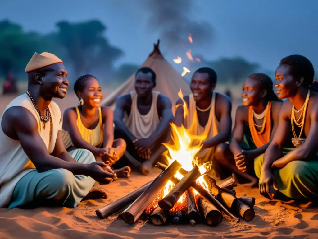 Una leyenda valiente: Abla Pokou Baoulé reunidos alrededor de una fogata, cautivados por el relato del narrador