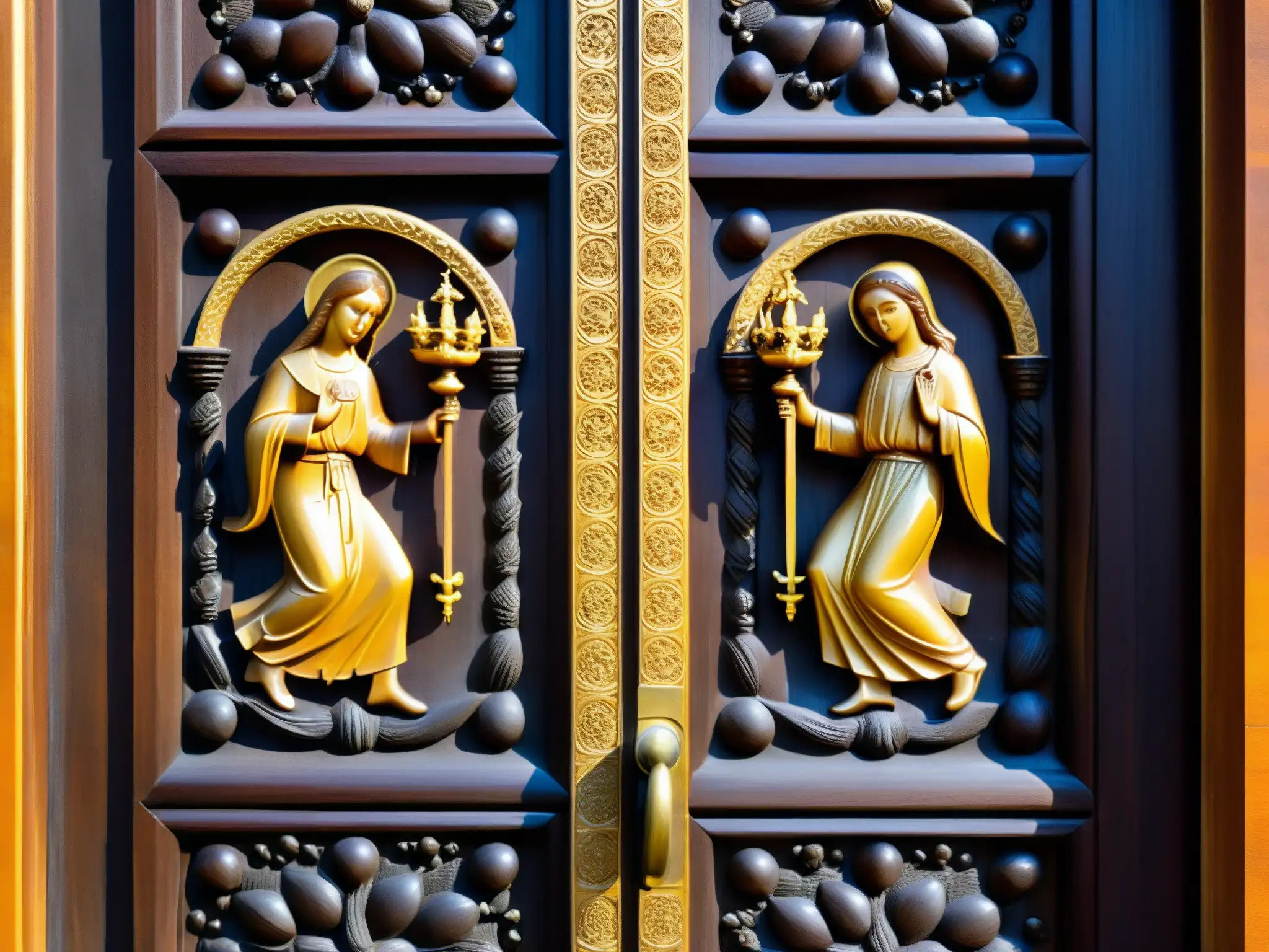 La leyenda de la Cámara Santa Oviedo cobra vida en la detallada puerta tallada en madera, iluminada por el cálido resplandor del atardecer