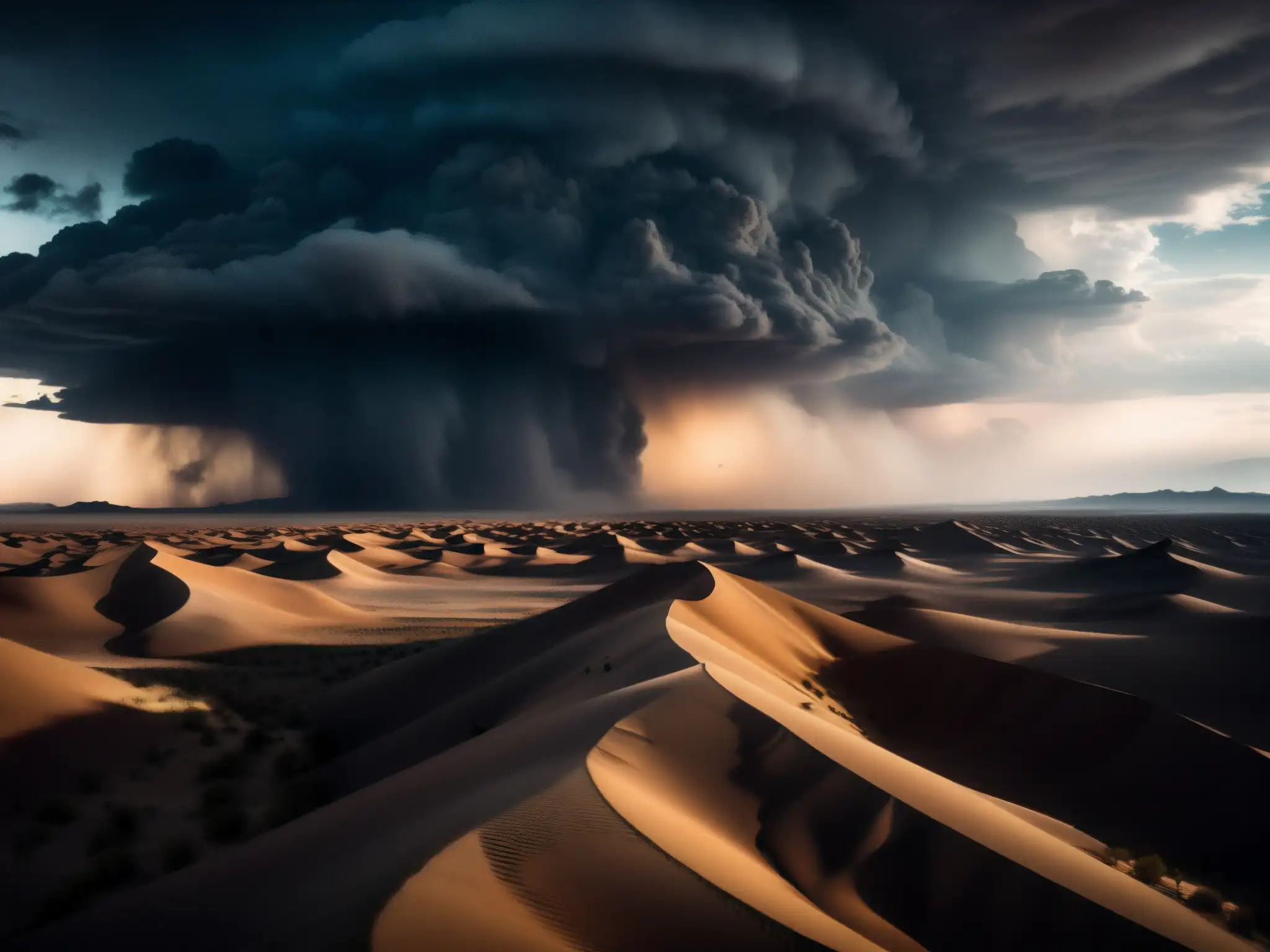 La leyenda del viento negro en el desierto se vislumbra en la tormenta de polvo y la misteriosa luz