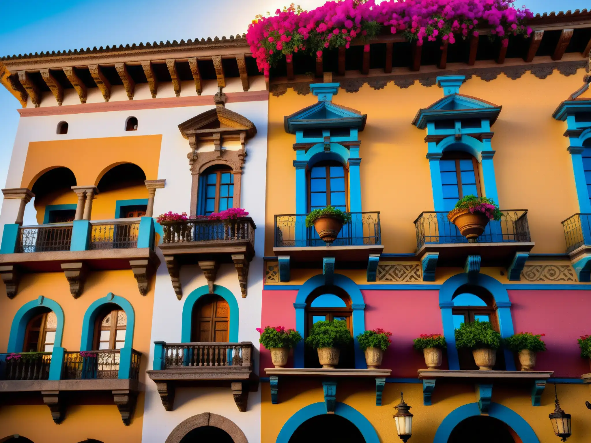La Leyenda de la Zacatecana Querétaro: Imagen documental de La Zacatecana en Querétaro, resaltando sus detalles arquitectónicos, balcones de hierro forjado y la belleza envejecida, con bougainvillea en primer plano