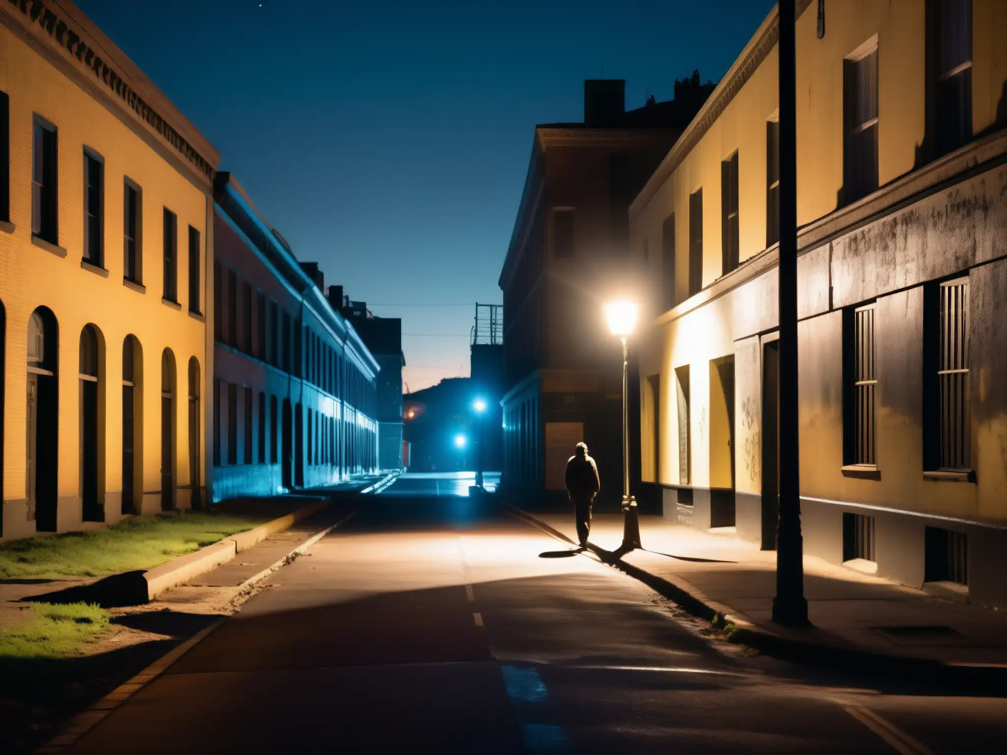 En la adaptación de leyendas urbanas en la era digital, una figura solitaria camina por una oscura calle de la ciudad, rodeada de misterio y soledad