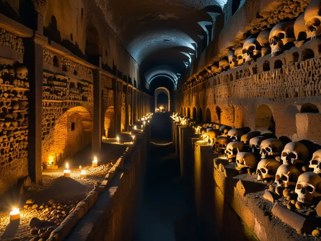 Explora las leyendas urbanas y la historia de Roma en las misteriosas catacumbas, con sus antiguas paredes de huesos y calaveras iluminadas por velas