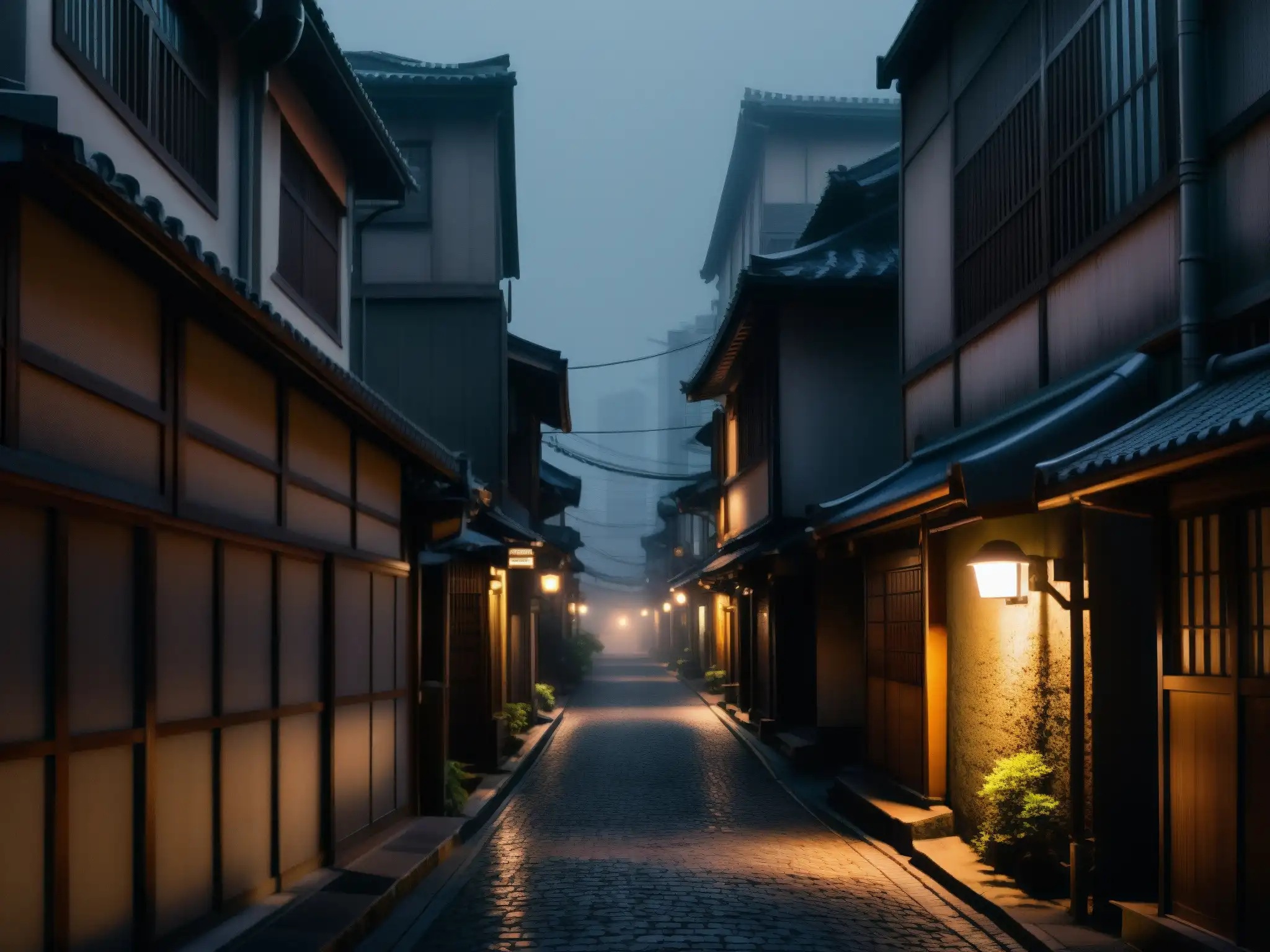 Revivir leyendas urbanas japonesas con smartphones: Un callejón sombrío en Tokyo con niebla y luces tenues crea una atmósfera inquietante