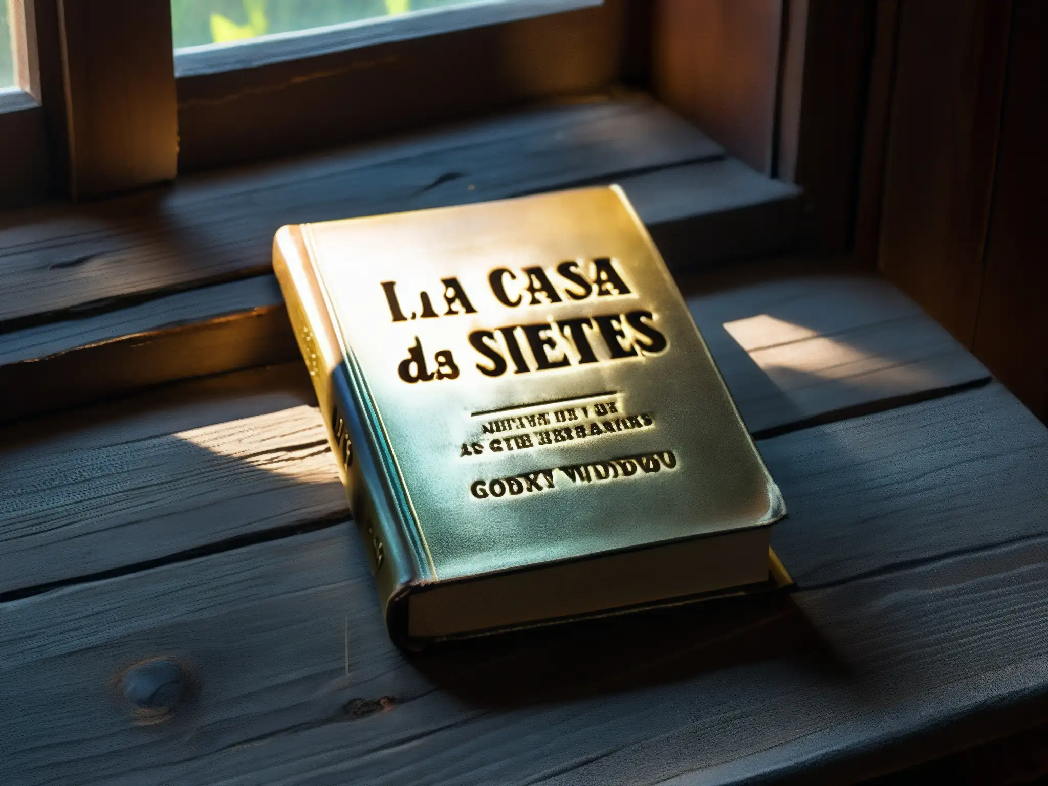 Un libro antiguo y desgastado, 'La Casa de las Siete Hermanas', reposa sobre una mesa polvorienta, iluminado por una luz tenue
