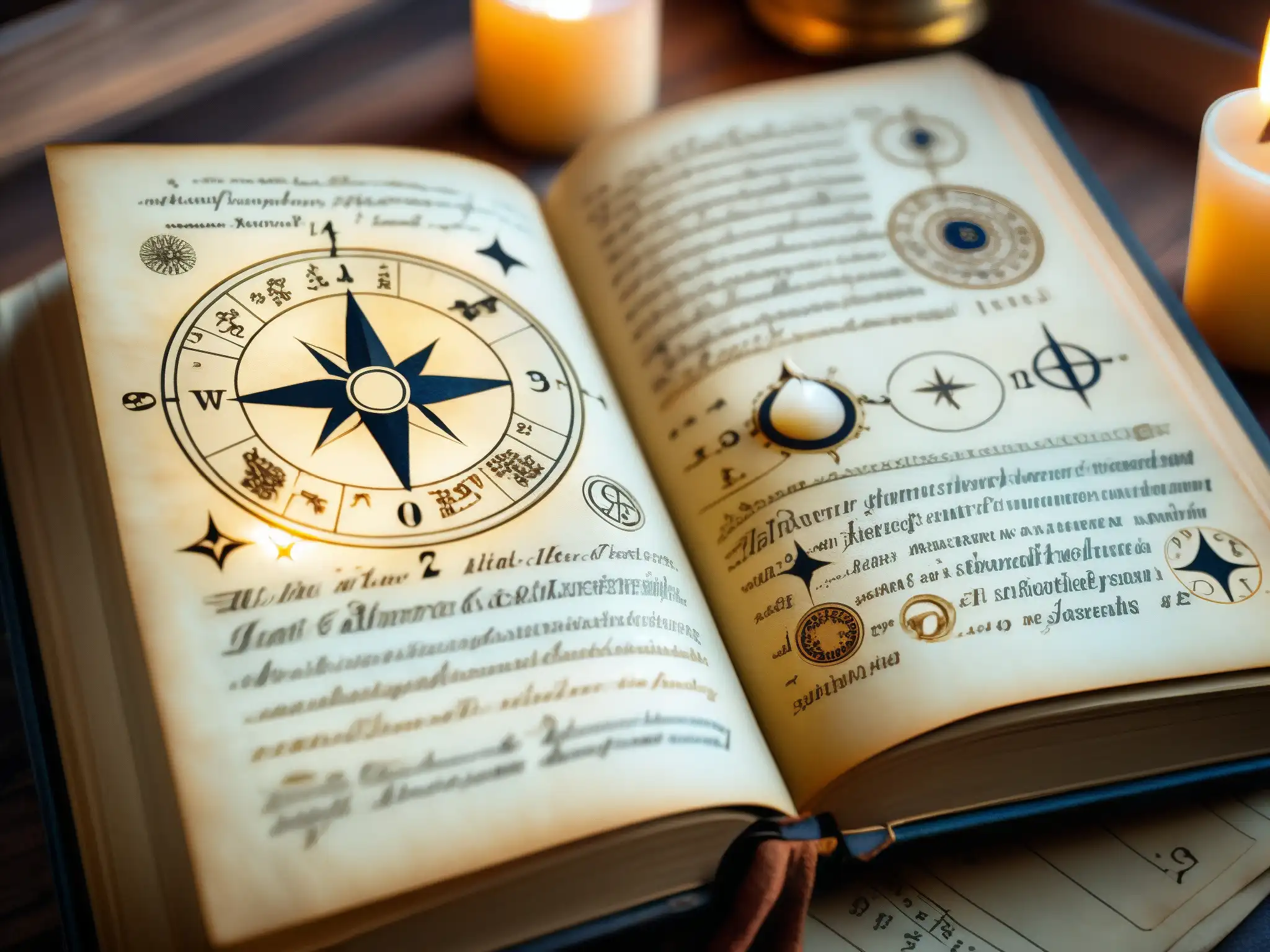 Un libro antiguo con símbolos astrológicos detallados, rodeado de notas manuscritas, iluminado por la luz de las velas