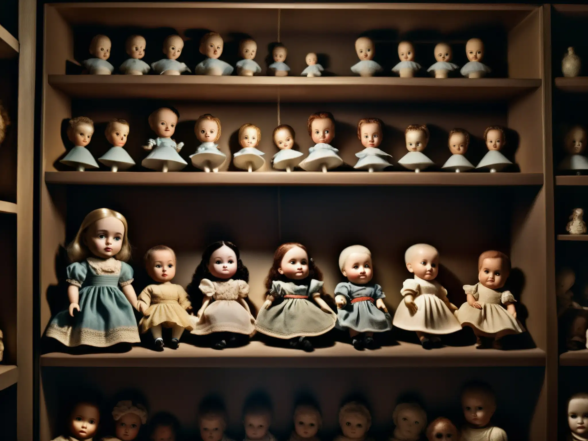 Una habitación lúgubre llena de muñecas antiguas de porcelana, con caras agrietadas y ojos vidriosos