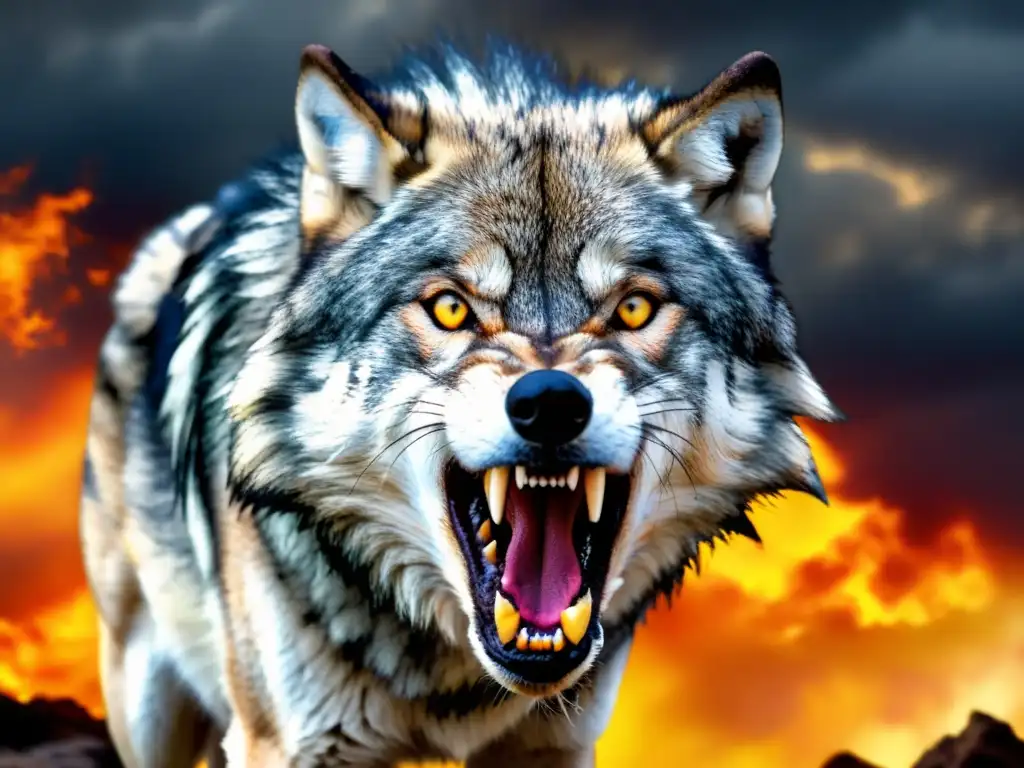 Un lobo feroz con ojos amarillos y colmillos al descubierto, contra un cielo apocalíptico