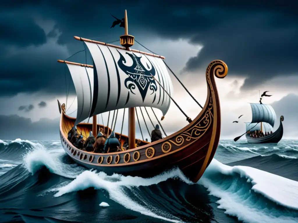 Viking longship navegando en aguas heladas, con nubes de tormenta y cuervos
