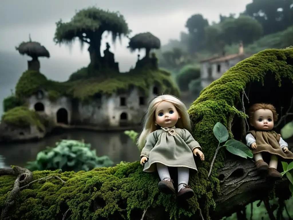 Un lugar misterioso en la Isla de las Muñecas en Italia, con muñecas decrépitas entre la niebla y árboles retorcidos