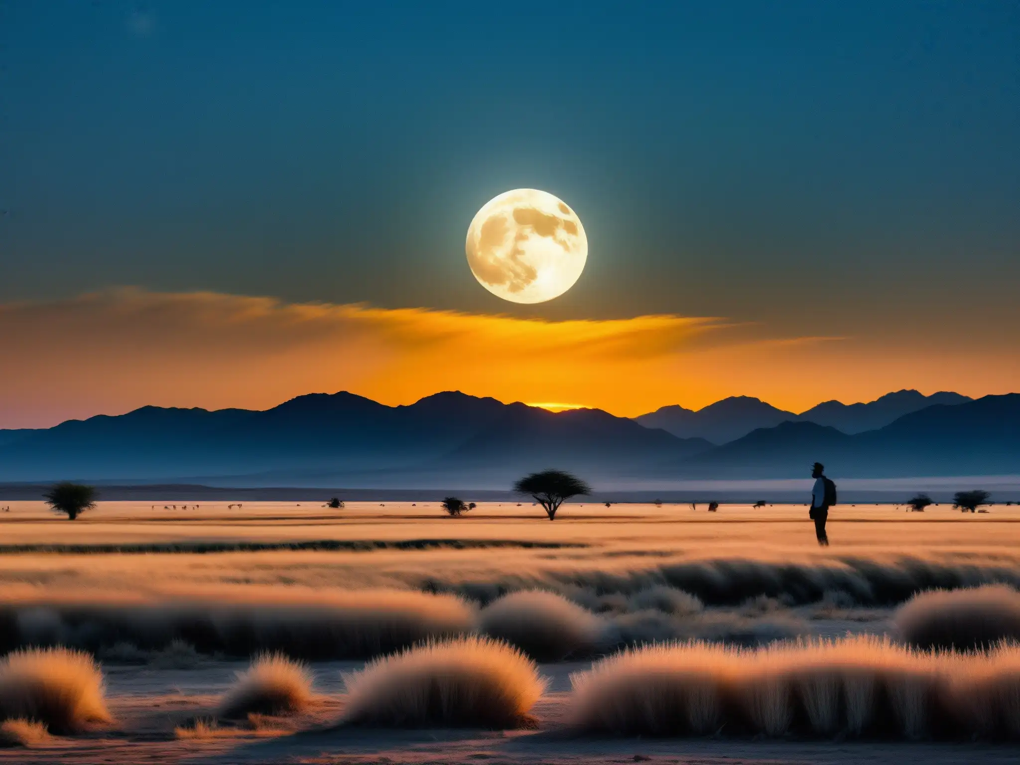 Una transformación mística: la luna llena ilumina las desoladas pampas argentinas, evocando la leyenda del Lobizón