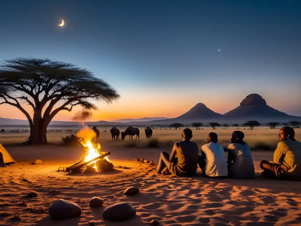 Bajo la luna, en la sabana africana, un grupo de aldeanos escucha relatos antiguos alrededor de una fogata