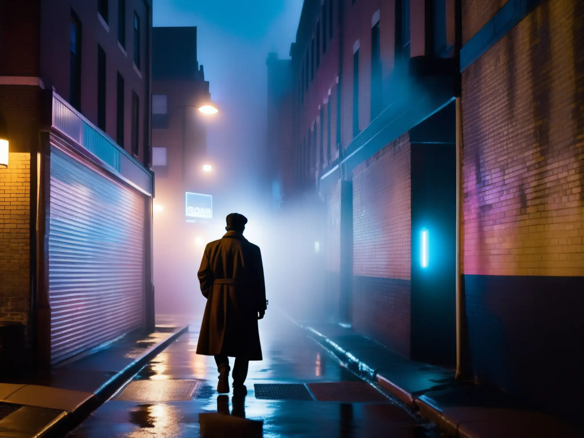 Bajo la luz tenue de la ciudad, una figura misteriosa se alza en un callejón, rodeada de neblina