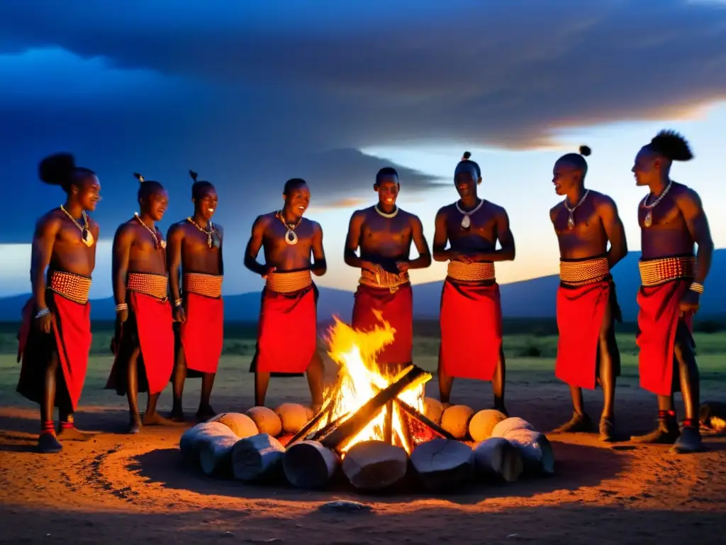 Maasai warriors realizan un baile tradicional alrededor de una fogata en el Misterioso Cráter Ngorongoro, creando una atmósfera encantadora