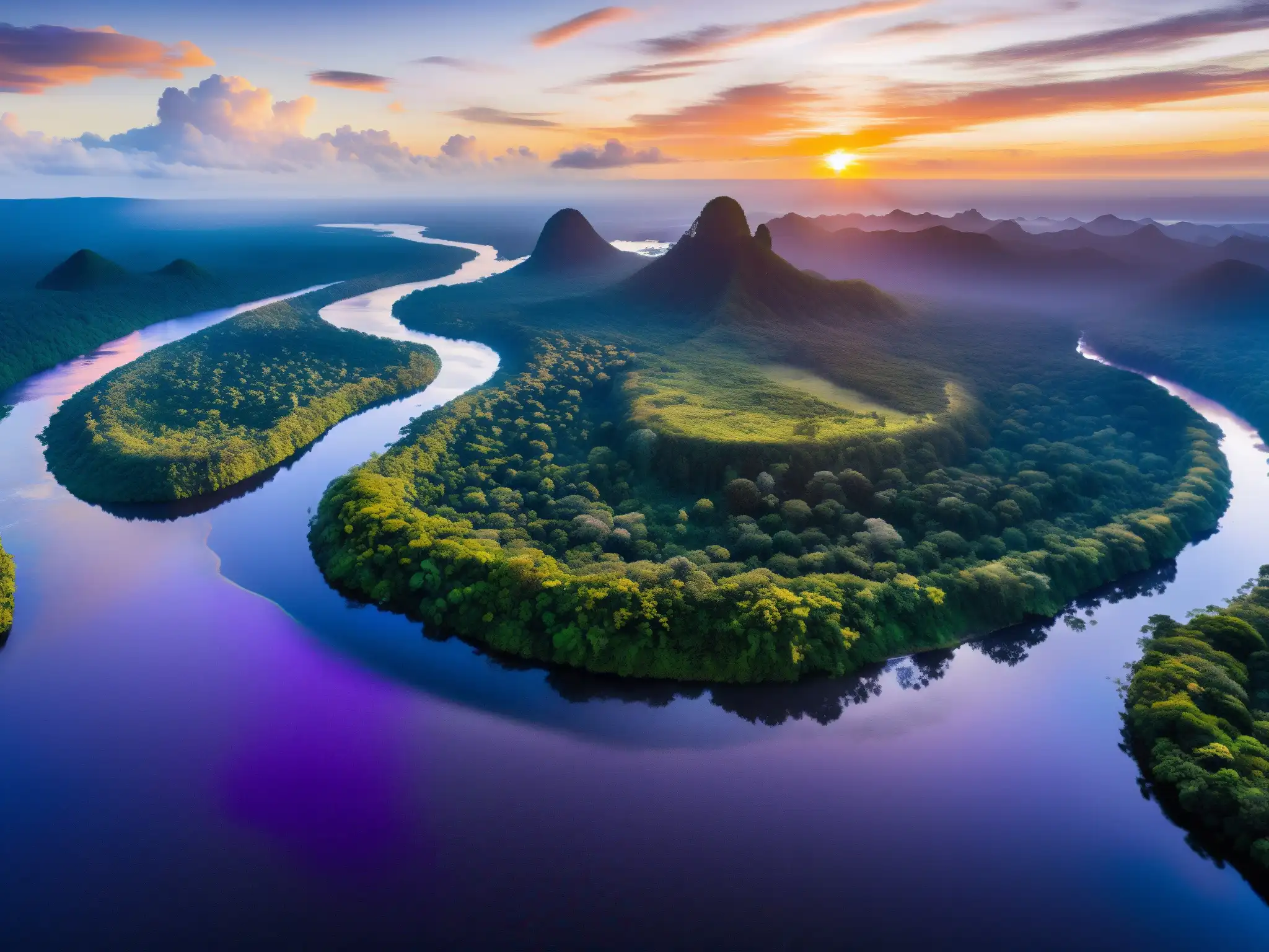 La Madre del Agua en el Amazonas: Atardecer deslumbrante en el río Amazonas, con vibrantes colores reflejados en el agua y exuberante vegetación