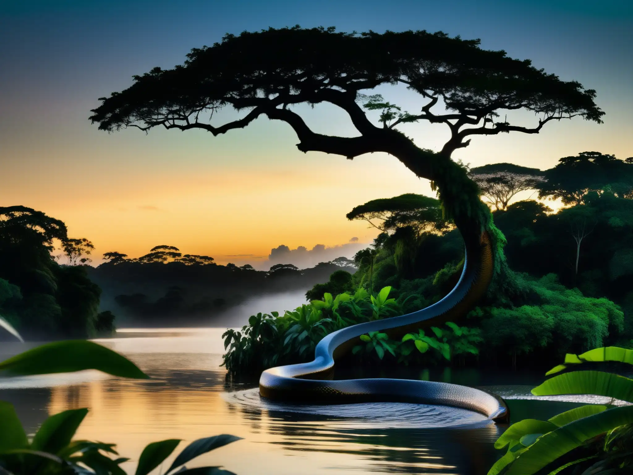 La Madre del Agua en el Amazonas: imagen detallada del atardecer en la selva amazónica, con una anaconda en un árbol junto a un cuerpo de agua sereno