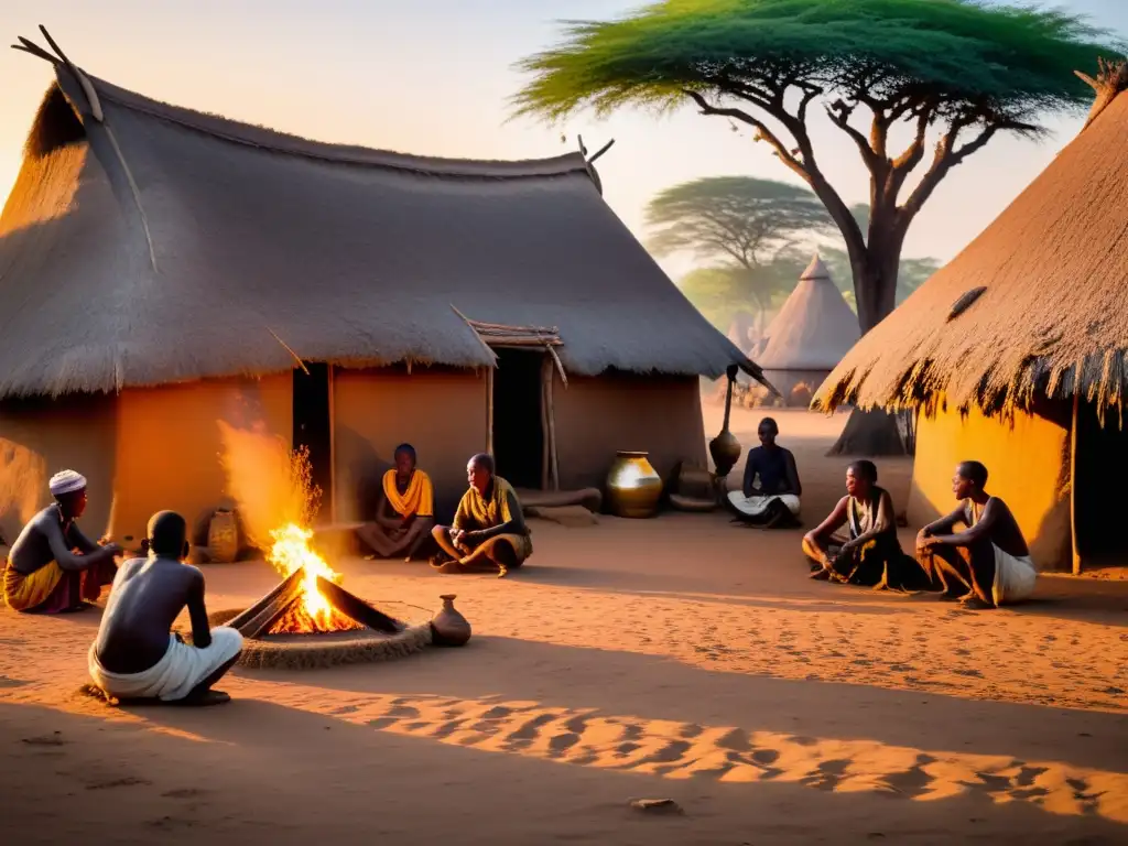 Un mágico atardecer en una aldea africana tradicional, con prácticas espirituales y la cálida luz dorada del sol