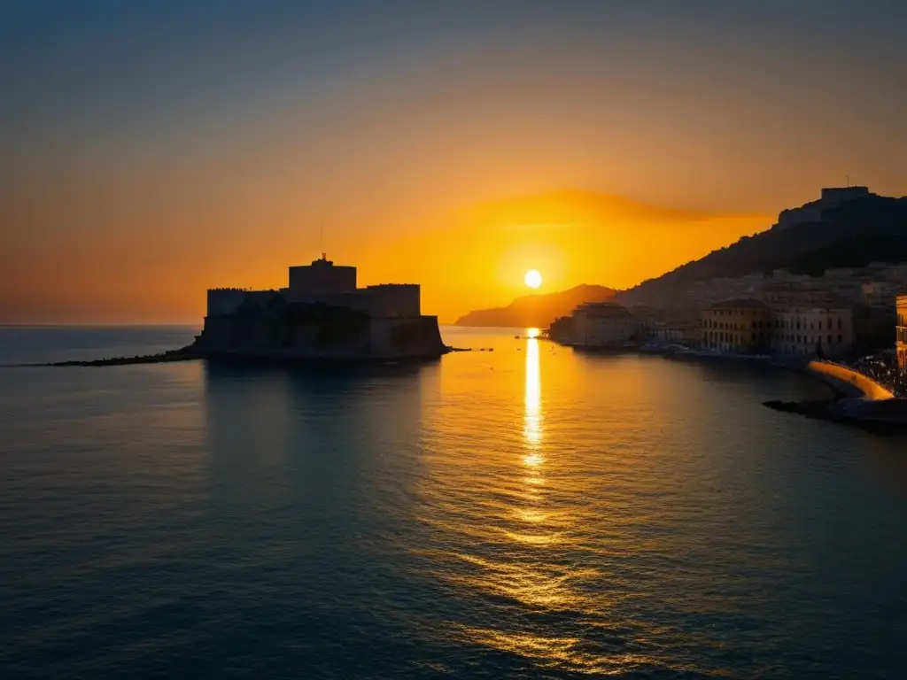 El mágico atardecer sobre la Bahía de Nápoles, con el Castel dell'Ovo al fondo, refleja una belleza eterna