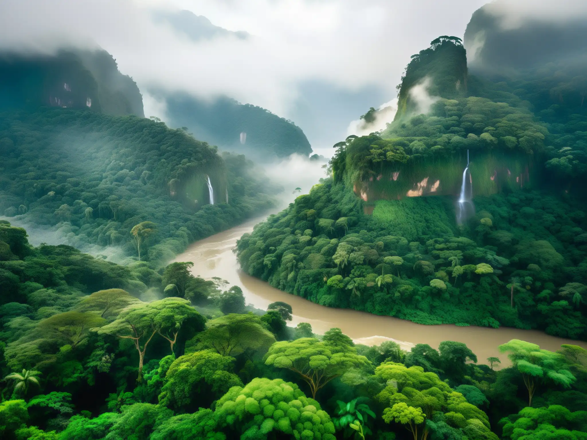 Un mágico paisaje de la exuberante selva colombiana con el río sereno reflejando la luz del sol