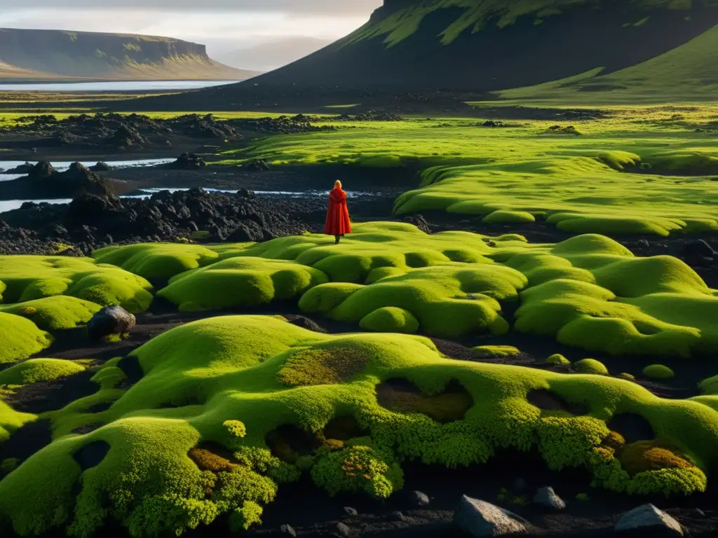 Un mágico paisaje de musgo en Islandia con figuras de piedra y madera, evocando la creencia en los Elfos de Islandia