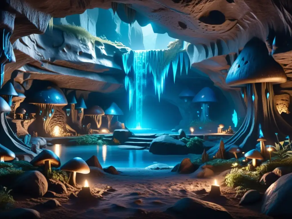 Un mágico santuario subterráneo con carvings de la mitología de elfos oscuros, hongos brillantes y plantas bioluminiscentes
