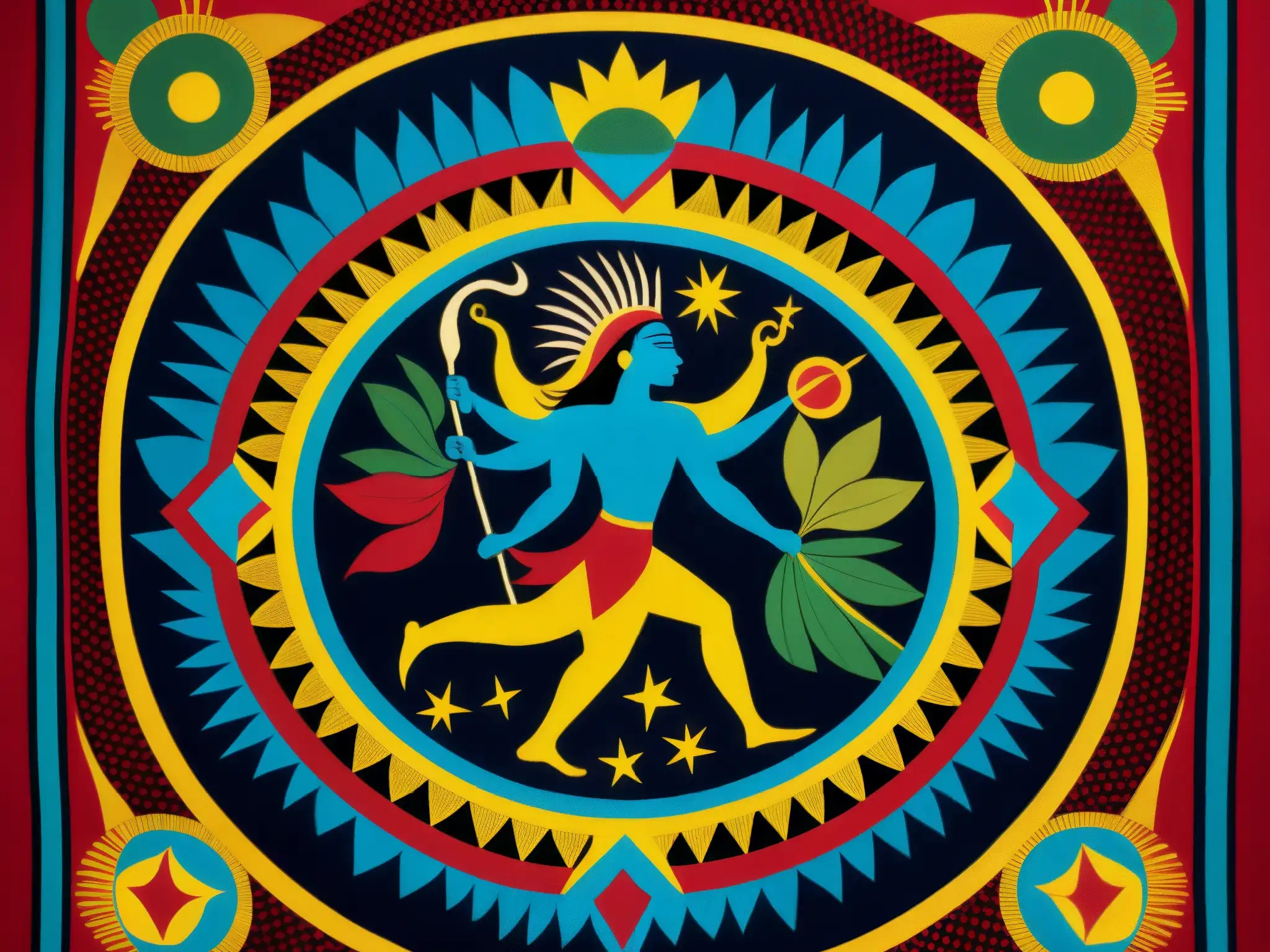Magnífico tapiz guaraní representa el mito de la creación por Tupã, con colores vibrantes y detalles intrincados