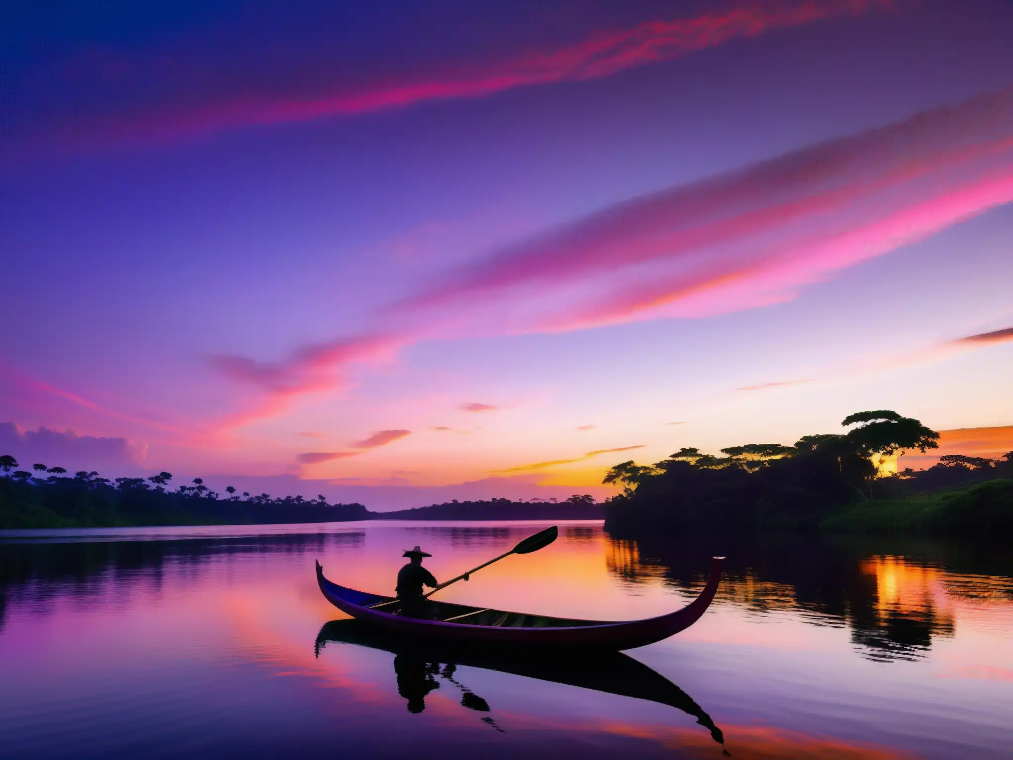 La majestuosa Amazonía al atardecer, con aguas tranquilas y exuberante vegetación, evocando la mística Sirena de los ríos Sudamérica