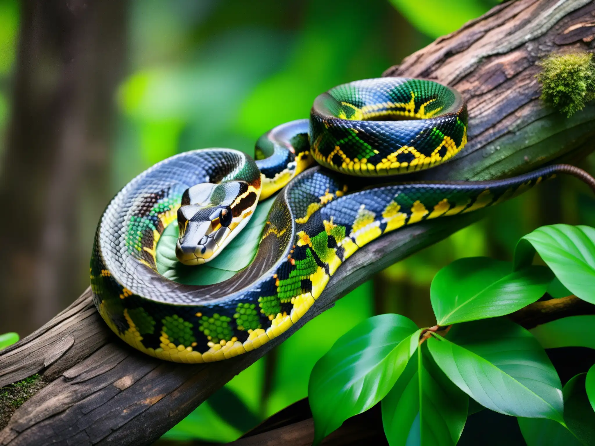 Una majestuosa anaconda se enrosca en un árbol en la exuberante Amazonía, evocando el mito de la serpiente de siete cabezas
