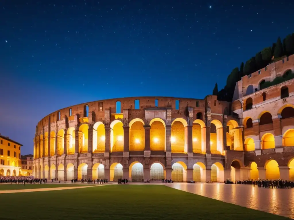 La majestuosa Arena de Verona iluminada por la noche, evocando la leyenda urbana de la Fantasma ópera Verona bajo un cielo estrellado