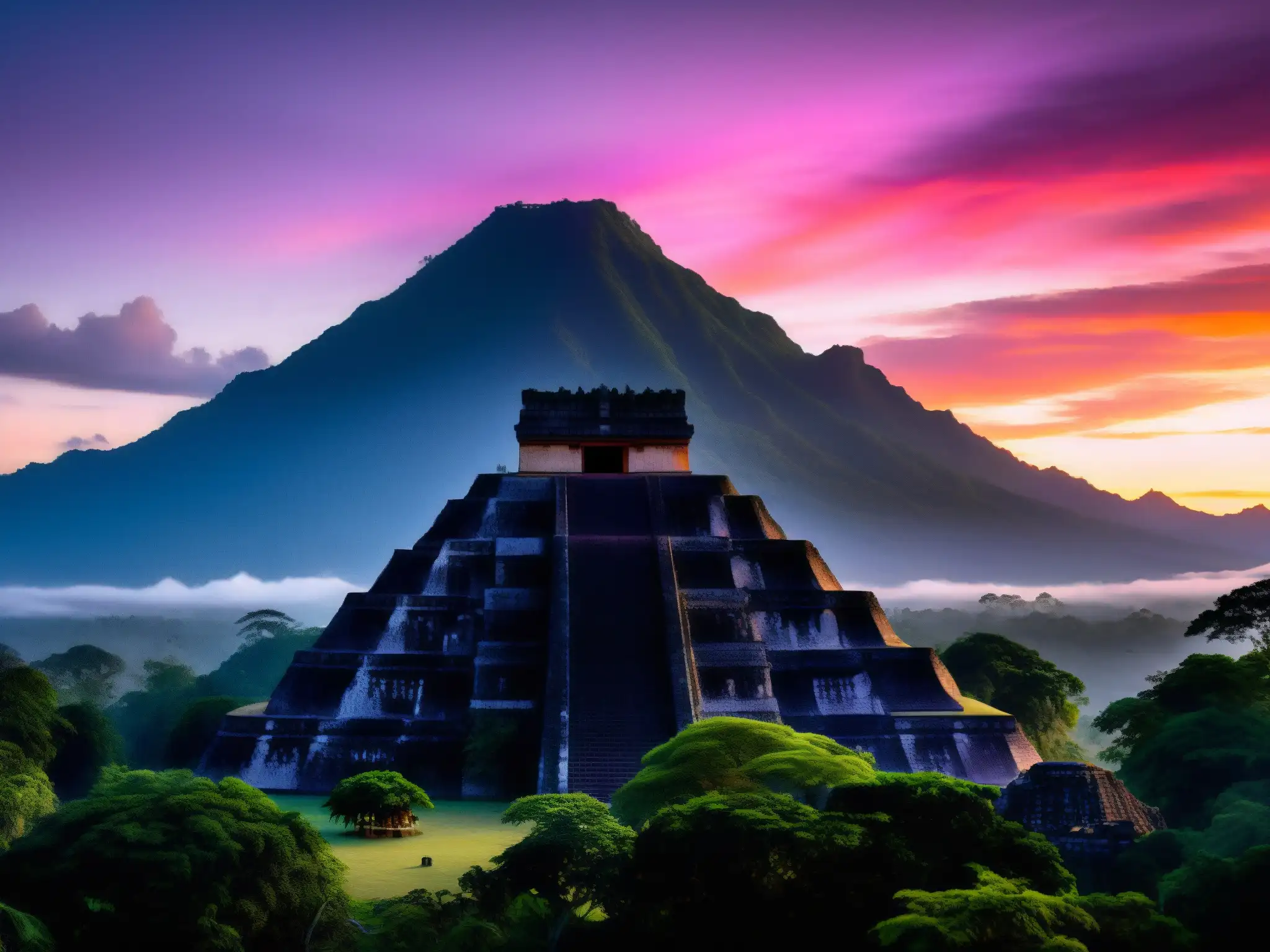 La majestuosa belleza de las montañas de Guatemala cubiertas por la niebla al amanecer, con el templo maya en primer plano