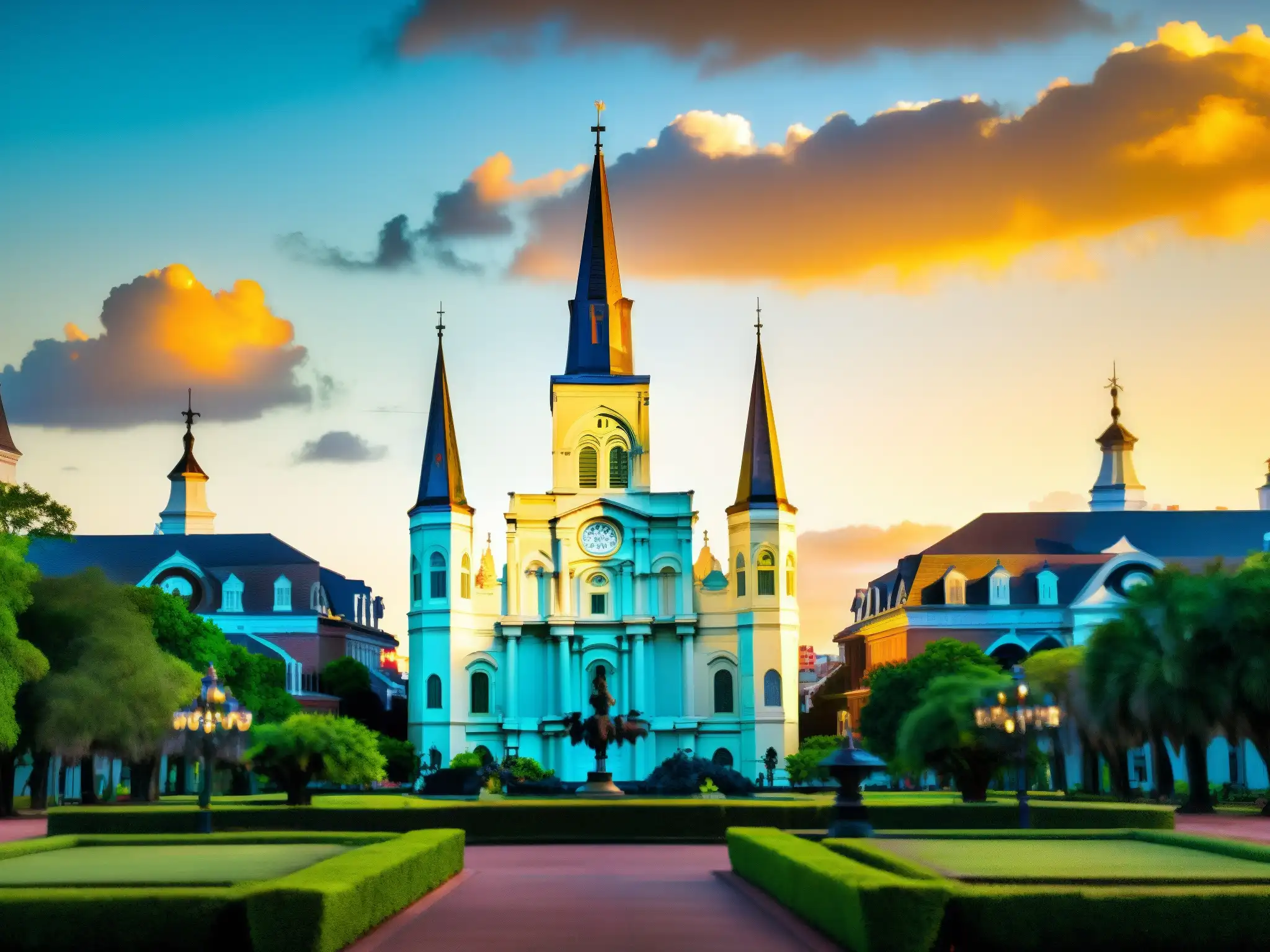 La majestuosa Catedral de San Luis en Nueva Orleans, iluminada por el cálido atardecer, evocando la historia del Fantasma de la Ópera Nueva Orleans