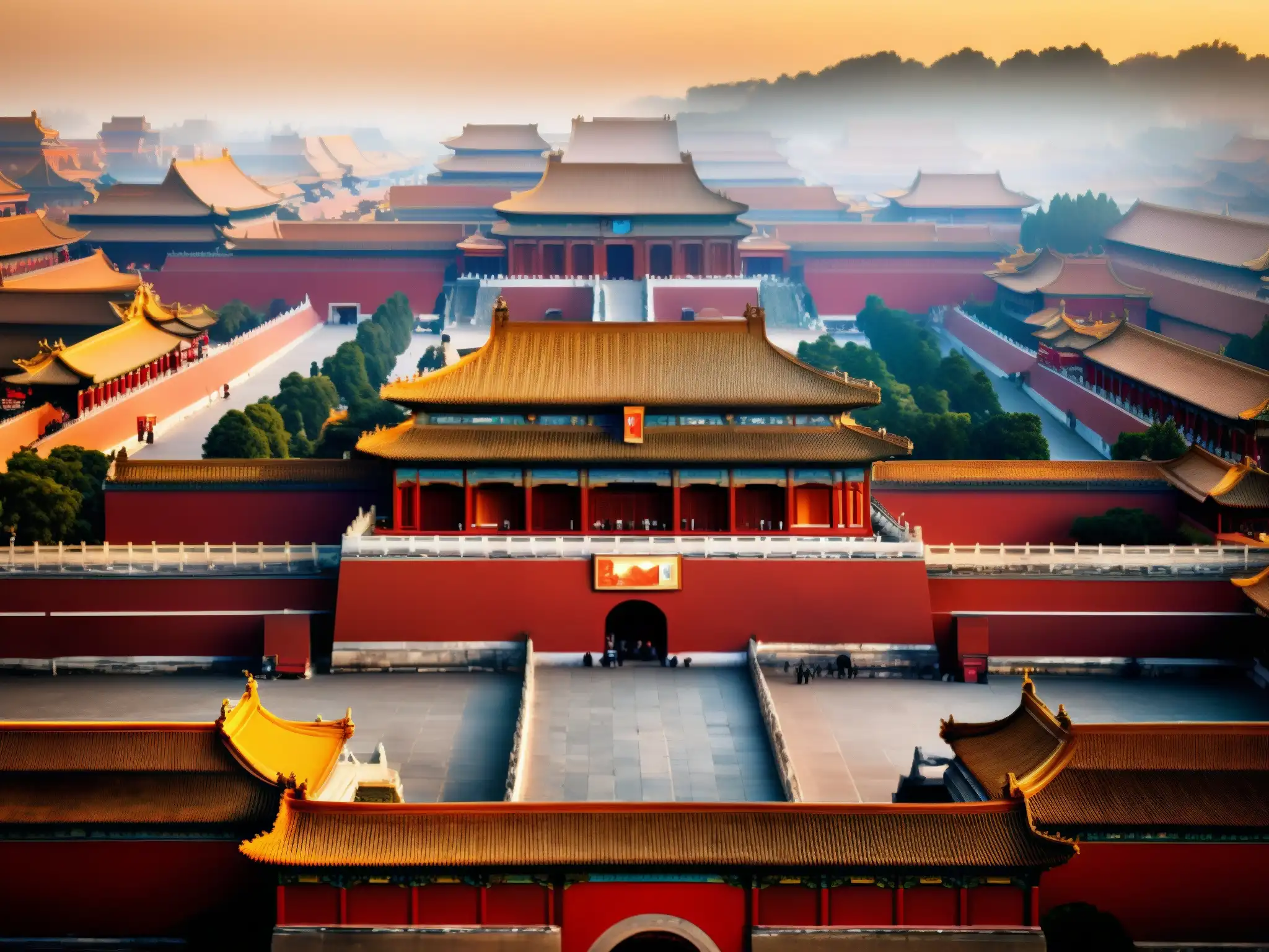 Majestuosa Ciudad Prohibida China envuelta en niebla con arquitectura roja y dorada destacándose