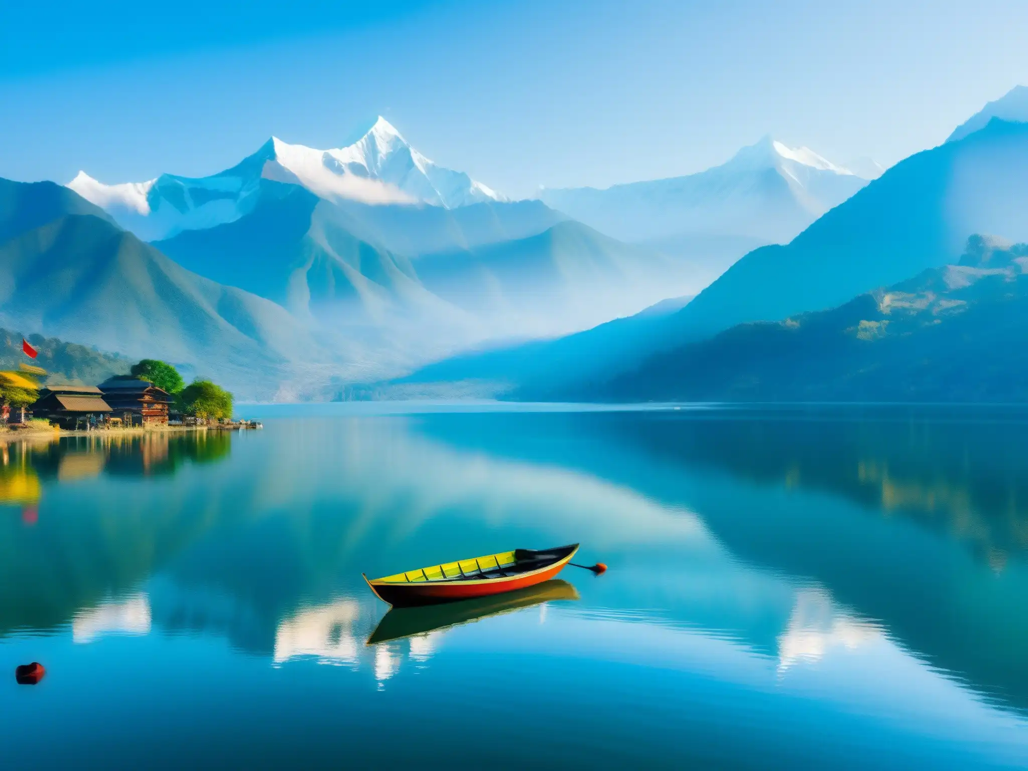 La majestuosa cordillera del Annapurna se refleja en el tranquilo lago Phewa, escenario de la vibrante leyenda Dama del Lago Nepal