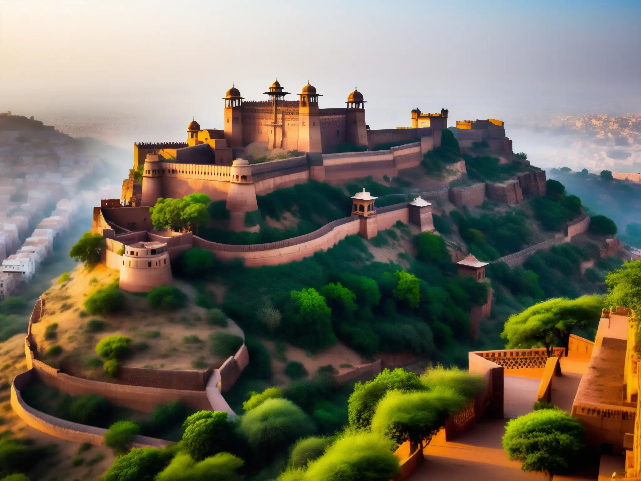 Majestuosa fortaleza de Mehrangarh, Rajasthan, envuelta en niebla matutina, evocando fantasmas reyes y narraciones majestuosas