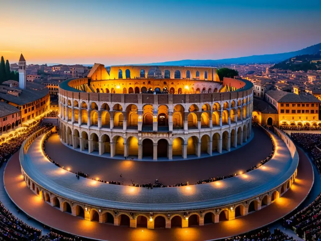 Una majestuosa fotografía de la histórica Arena di Verona al anochecer, destacando sus detalles arquitectónicos y la grandeza del lugar