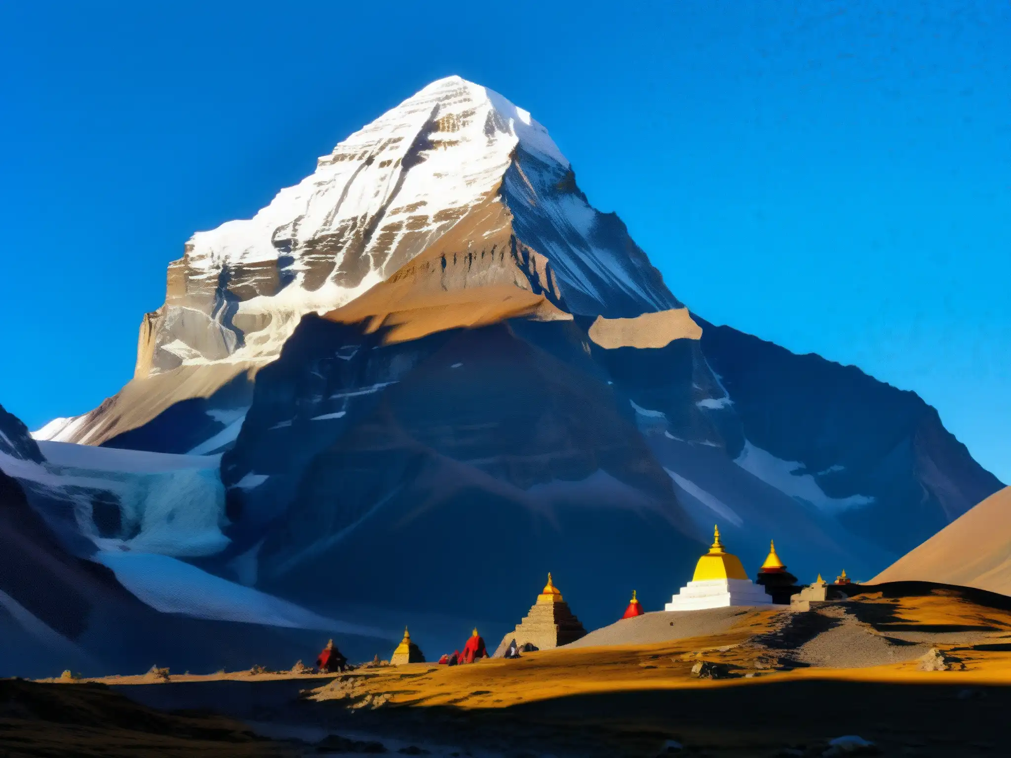 La majestuosa montaña Kailash iluminada por el sol al atardecer, rodeada de leyendas urbanas y coloridas banderas de oración