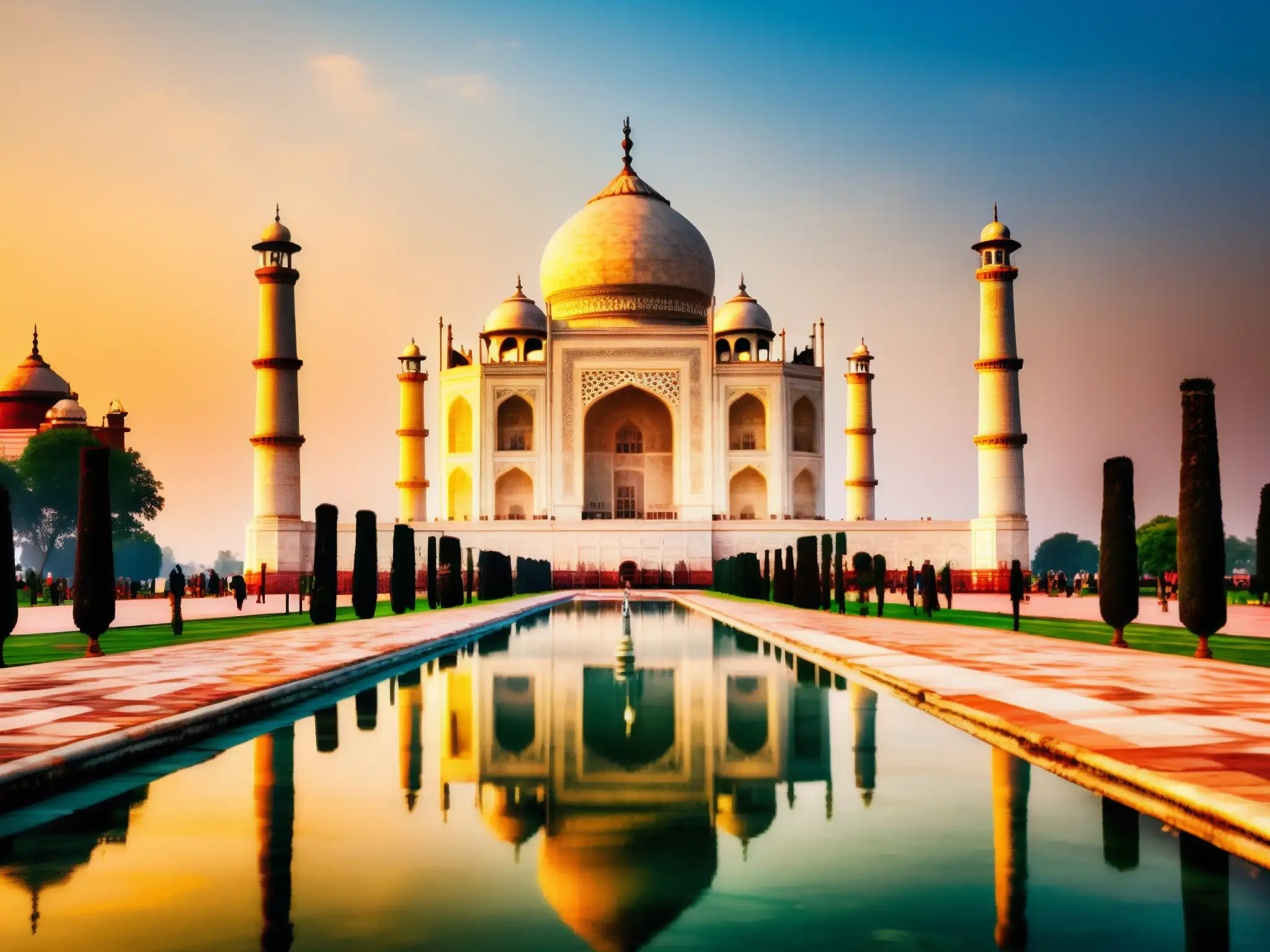 Majestuosa imagen del Taj Mahal al atardecer, reflejándose en las aguas tranquilas