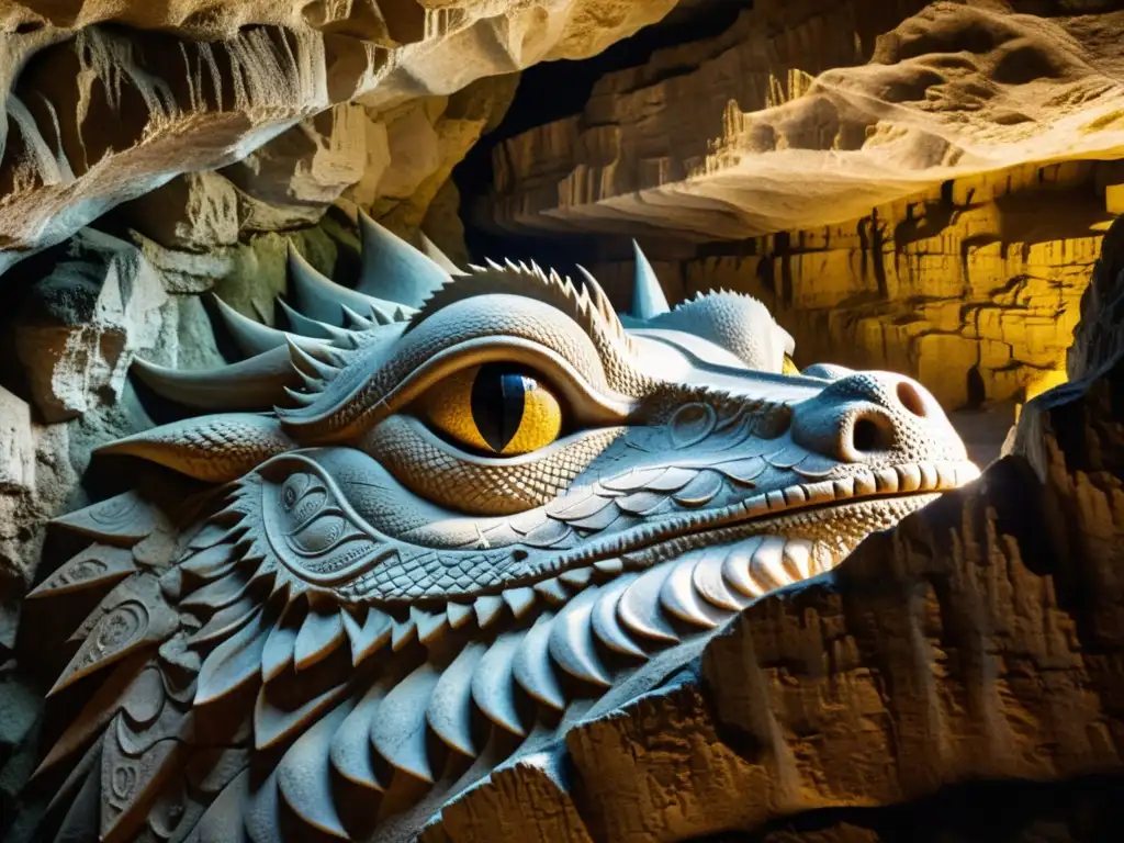 La majestuosa imagen del mítico Dragón de Cova del Drac tallado en las paredes de la cueva, con detalles intrincados en sus escamas y ojos penetrantes