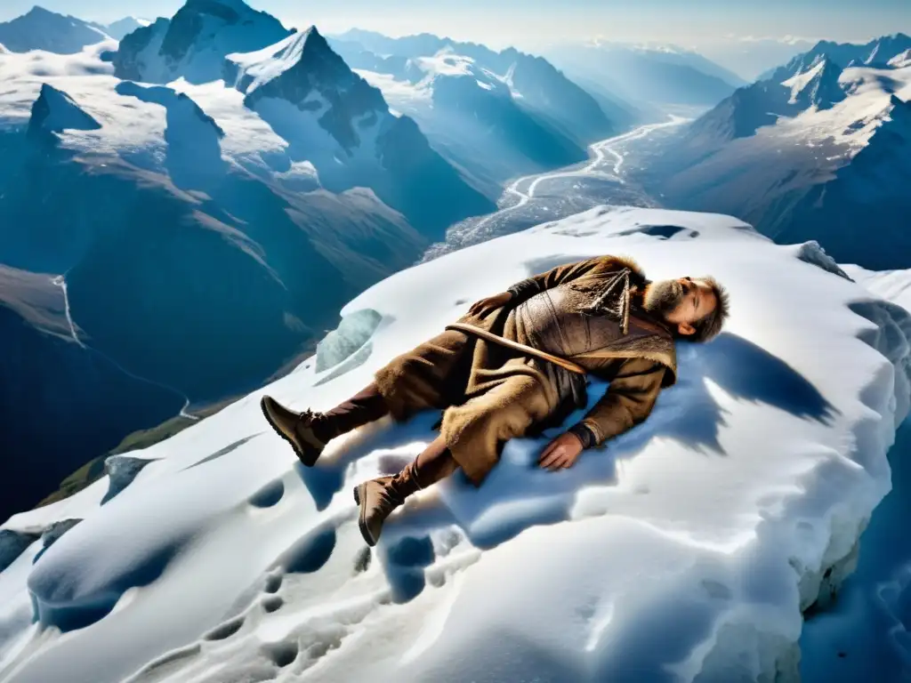 Majestuosa imagen de la Maldición de Otzi hombre hielo, congelado en el hielo alpino, rodeado de paisaje nevado y misterio
