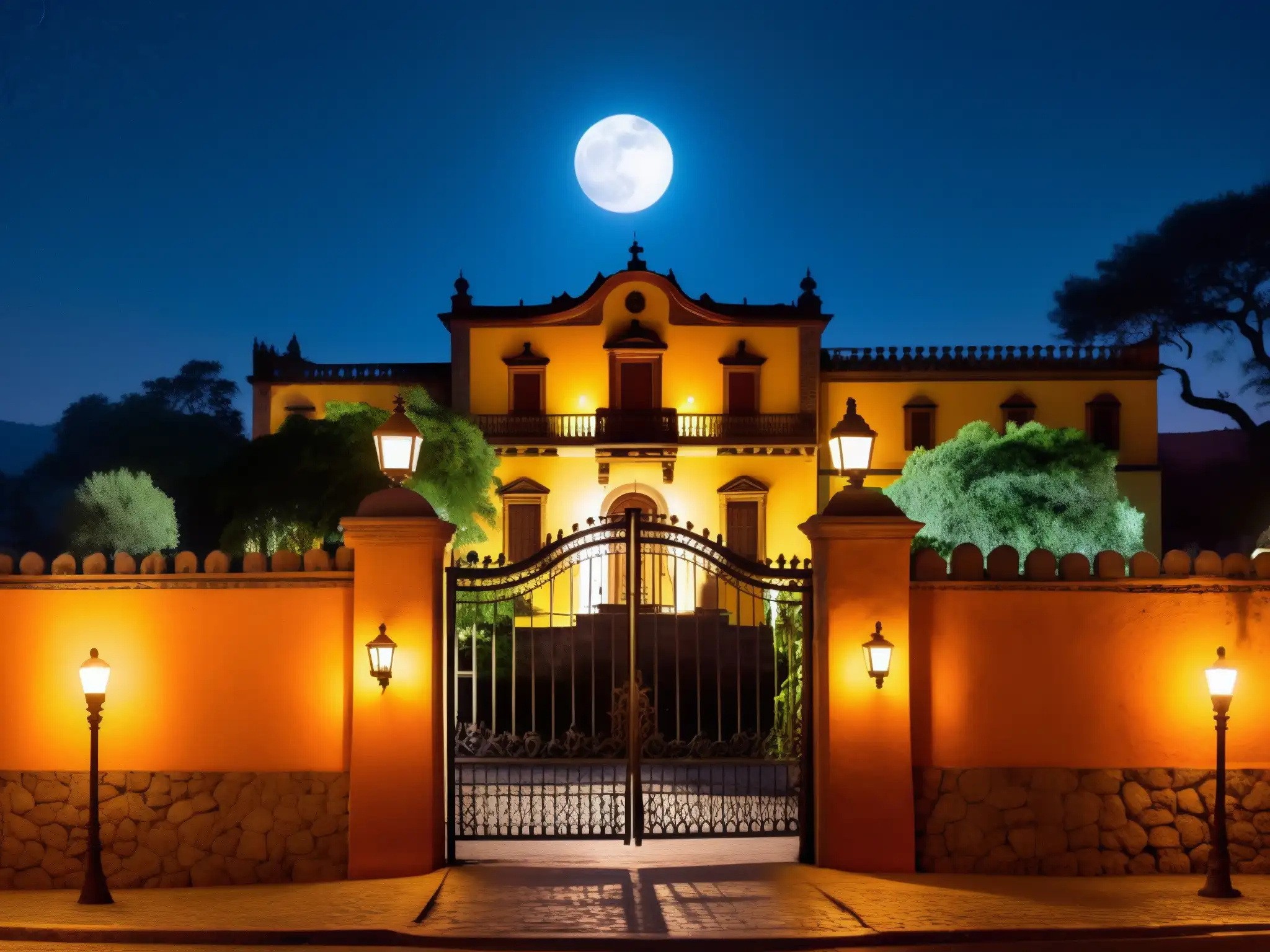 Majestuosa mansión de la leyenda de la Zacatecana en Querétaro, iluminada por la luna, con un aura de misterio y crimen pasional